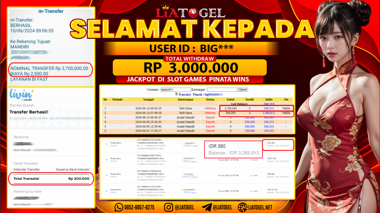LIATOGEL - JACKPOT SLOT GAMES PINATA WINS RP 3.000.000,- LUNAS