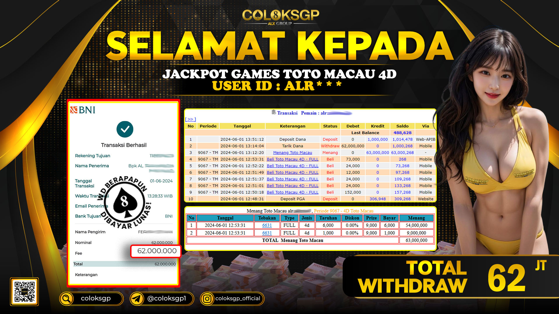 COLOKSGP JACKPOT TOTO MACAU POOLS RP 62.000.000 LUNAS