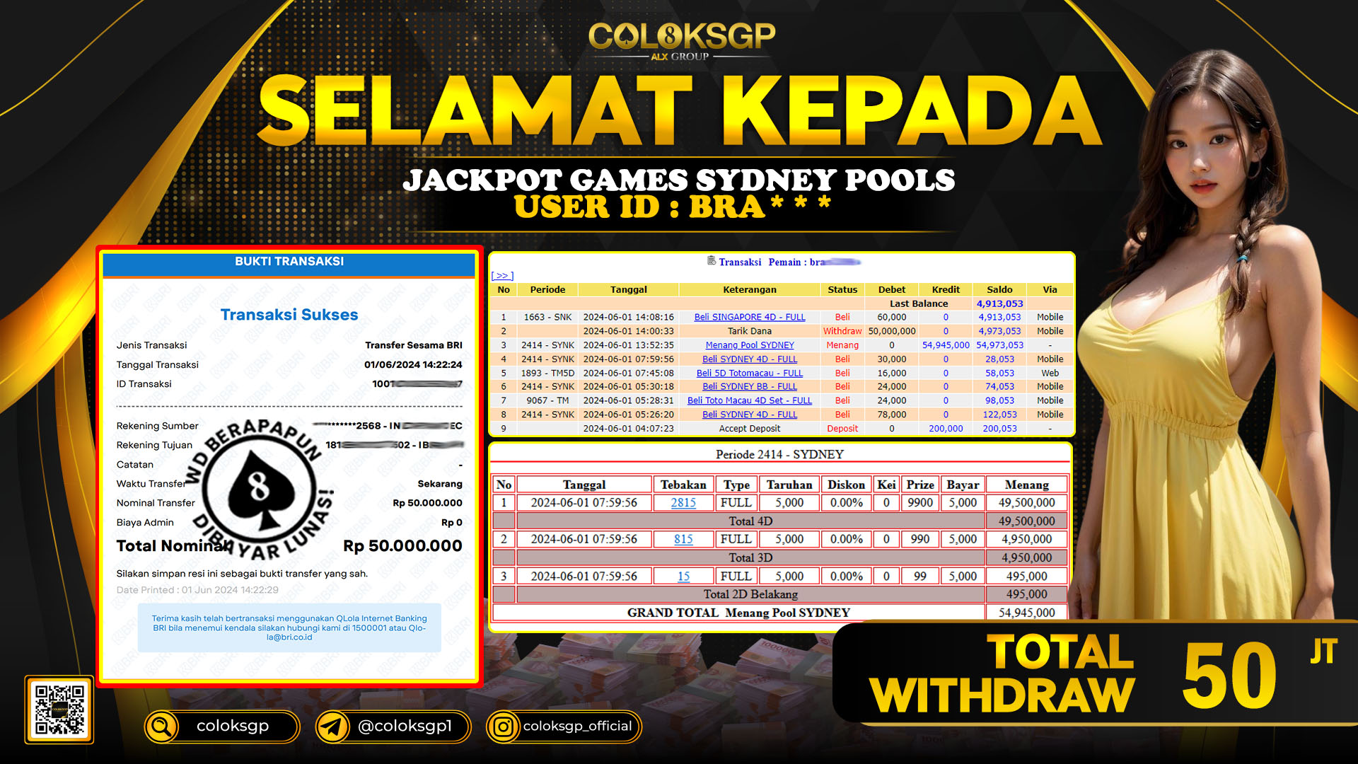 COLOKSGP JACKPOT SYDNEY POOLS RP 50.000.000 LUNAS