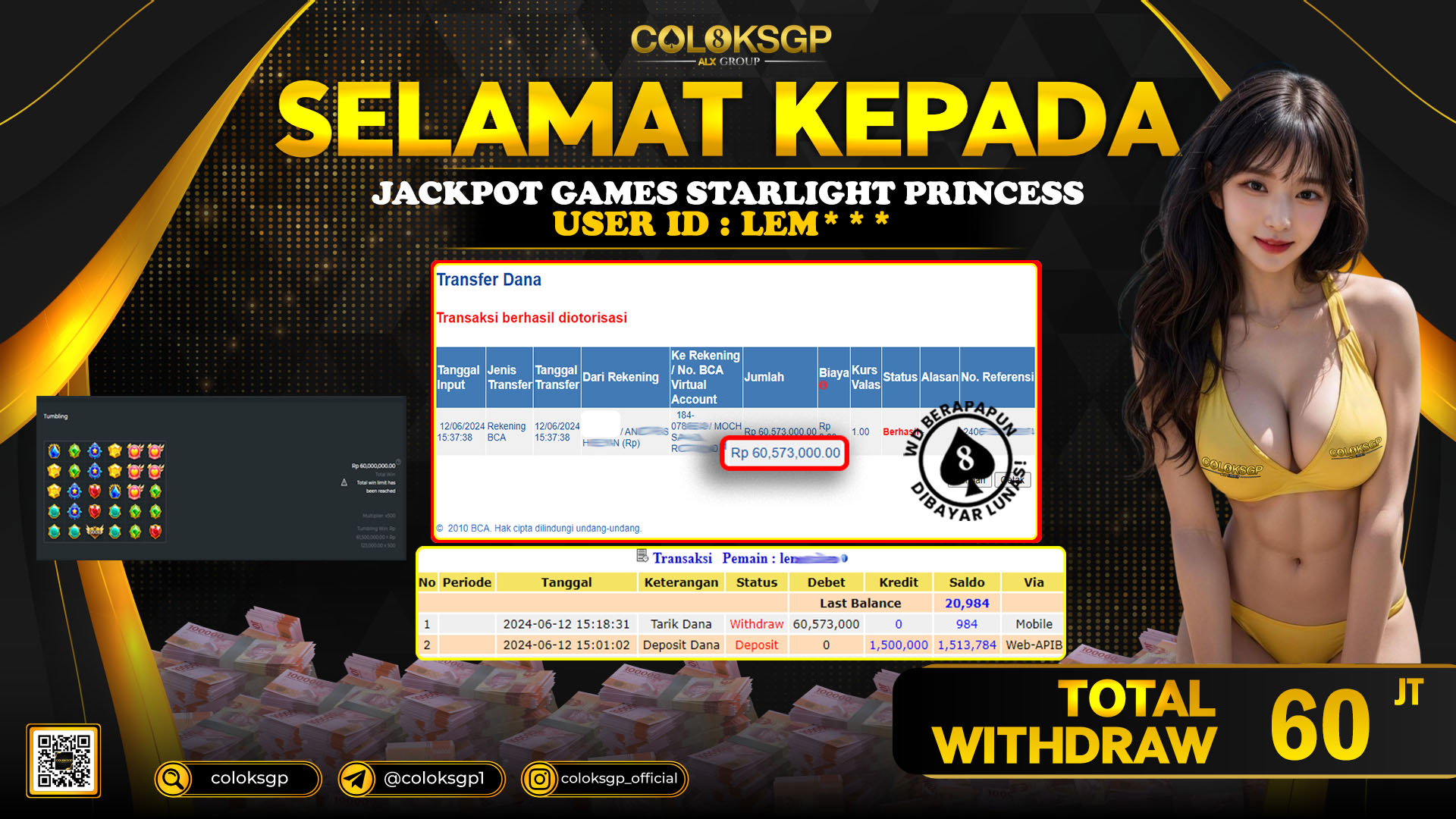 COLOKSGP JACKPOT SLOT GAMES RP 60.000.000 LUNAS