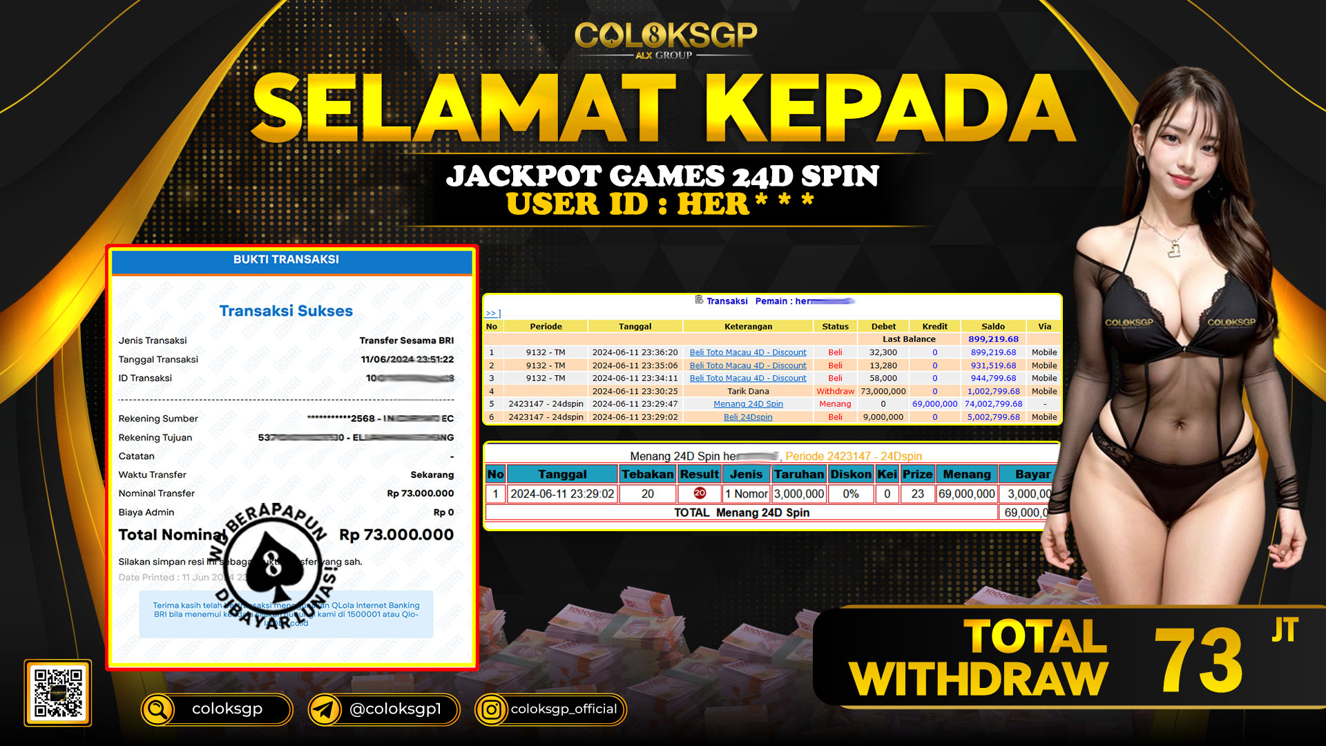 COLOKSGP JACKPOT 24D SPIN RP 73.000.000 LUNAS
