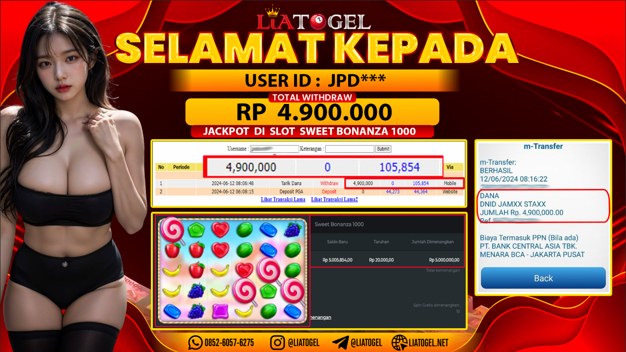 LIATOGEL - JACKPOT SLOT SWEET BONANZA 1000 GAMES  RP 4.900.000,- LUNAS
