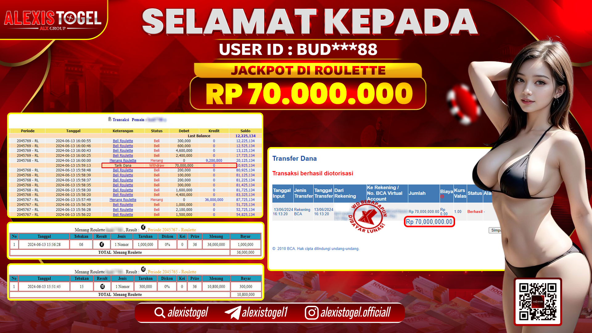 ALEXISTOGEL JACKPOT CASINO RP. 70.000.000 LUNAS