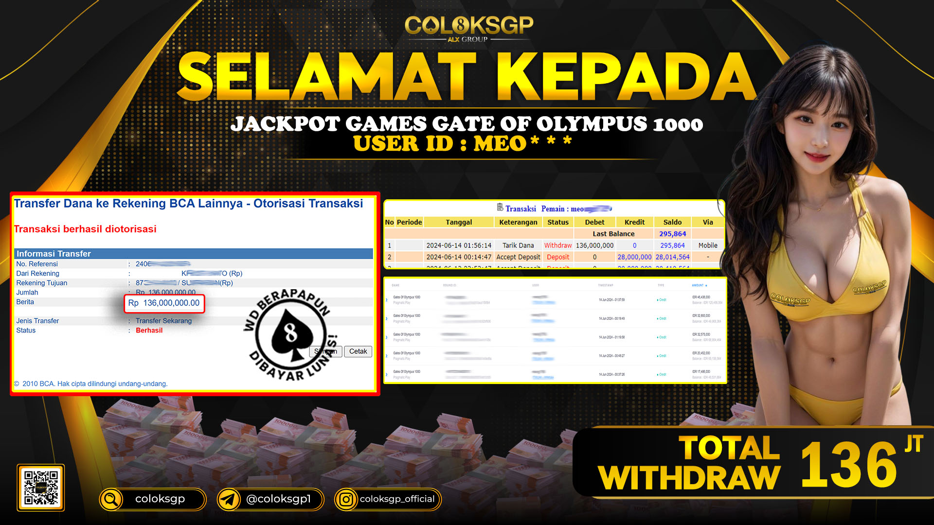 COLOKSGP JACKPOT SLOT GAMES RP 136.000.000 LUNAS