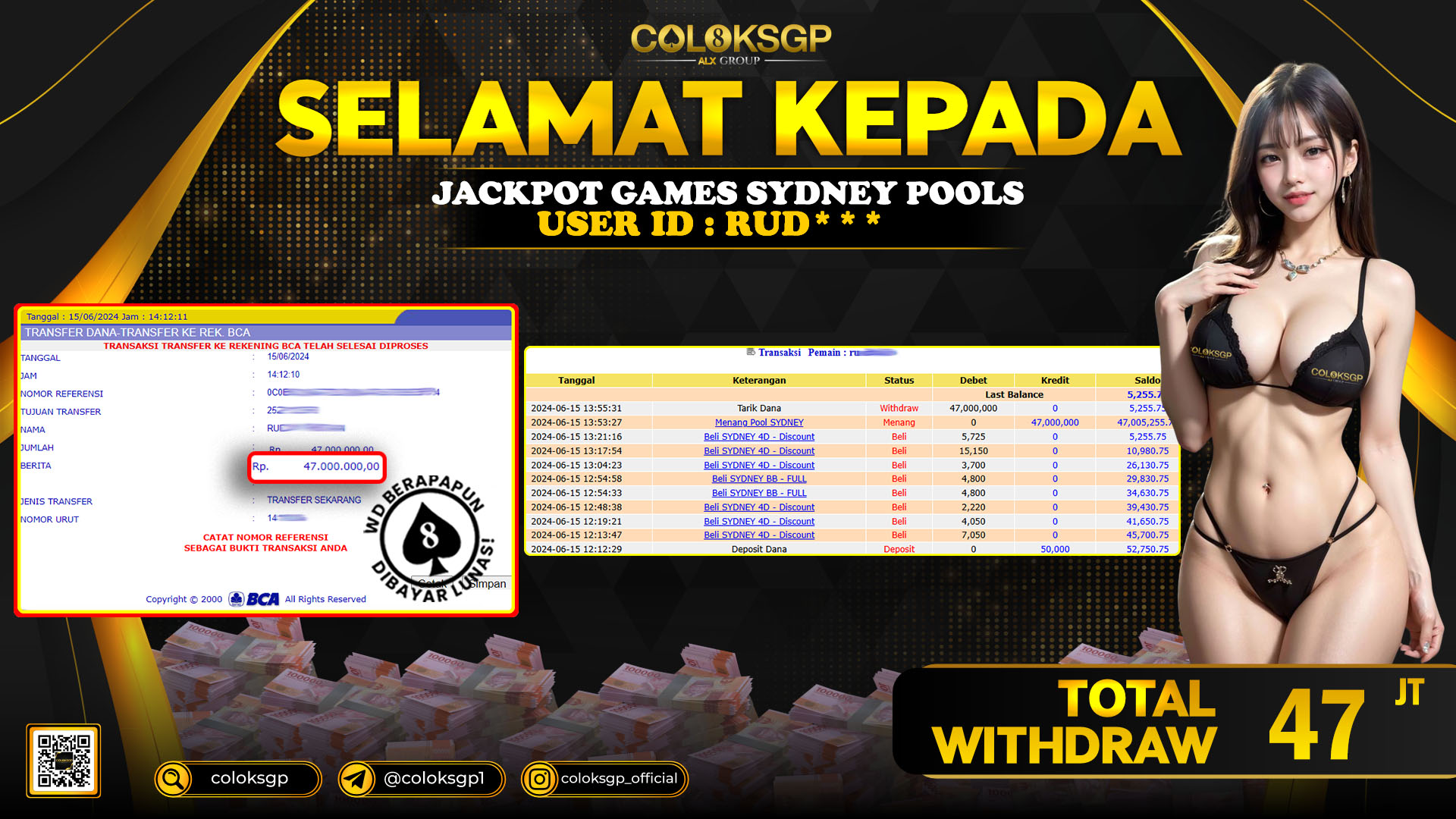 COLOKSGP JACKPOT SYDNEY POOLS RP 47.000.000 LUNAS