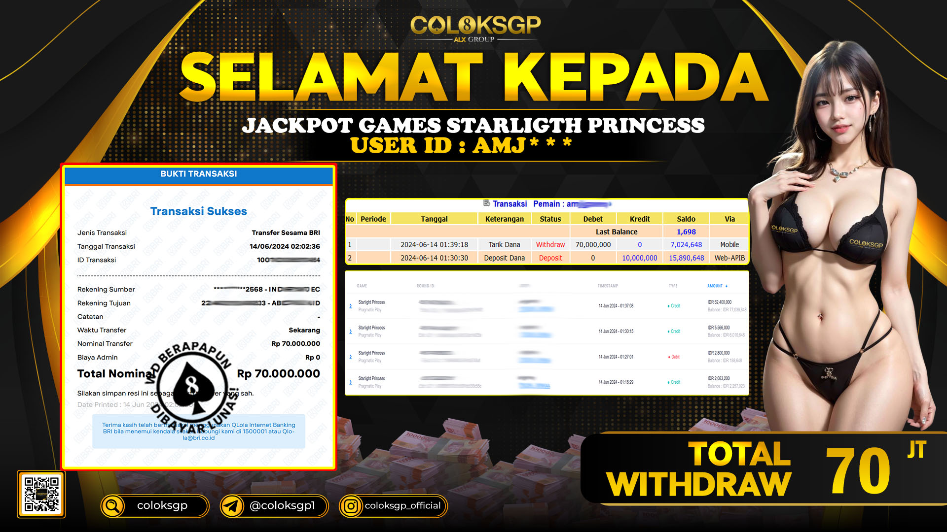 COLOKSGP JACKPOT SLOT GAMES RP 70.000.000 LUNAS