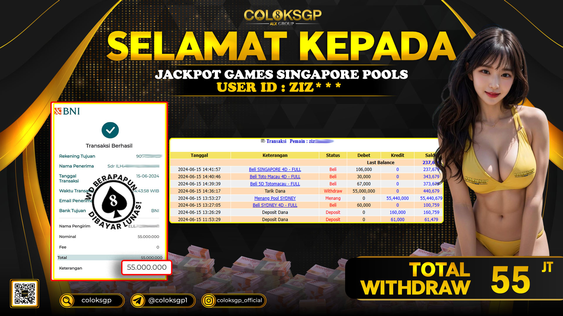 COLOKSGP JACKPOT SINGAPORE POOLS RP 55.000.000 LUNAS