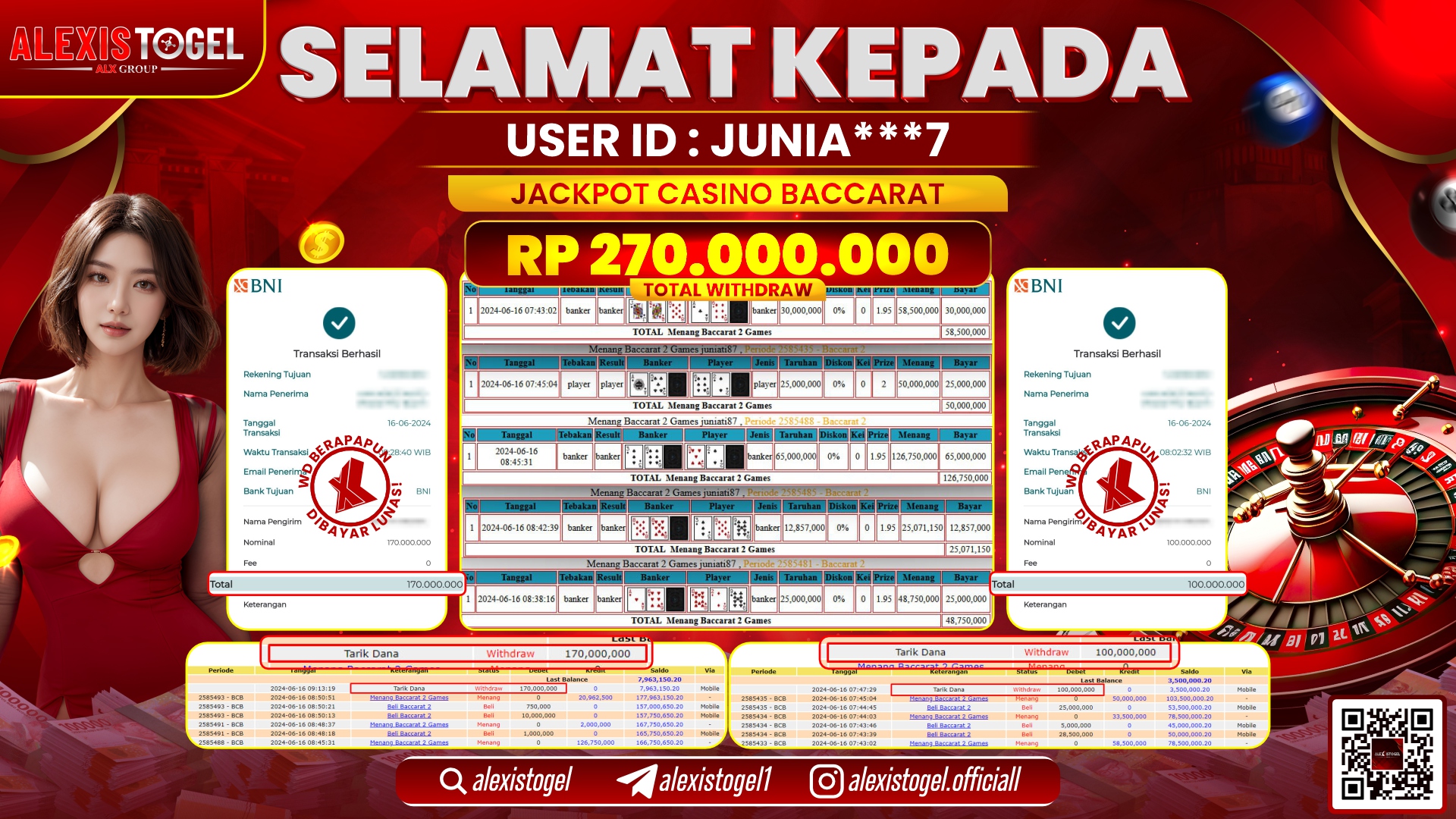 ALEXISTOGEL JACKPOT CASINO BACCARAT RP. 270.000.000 LUNAS