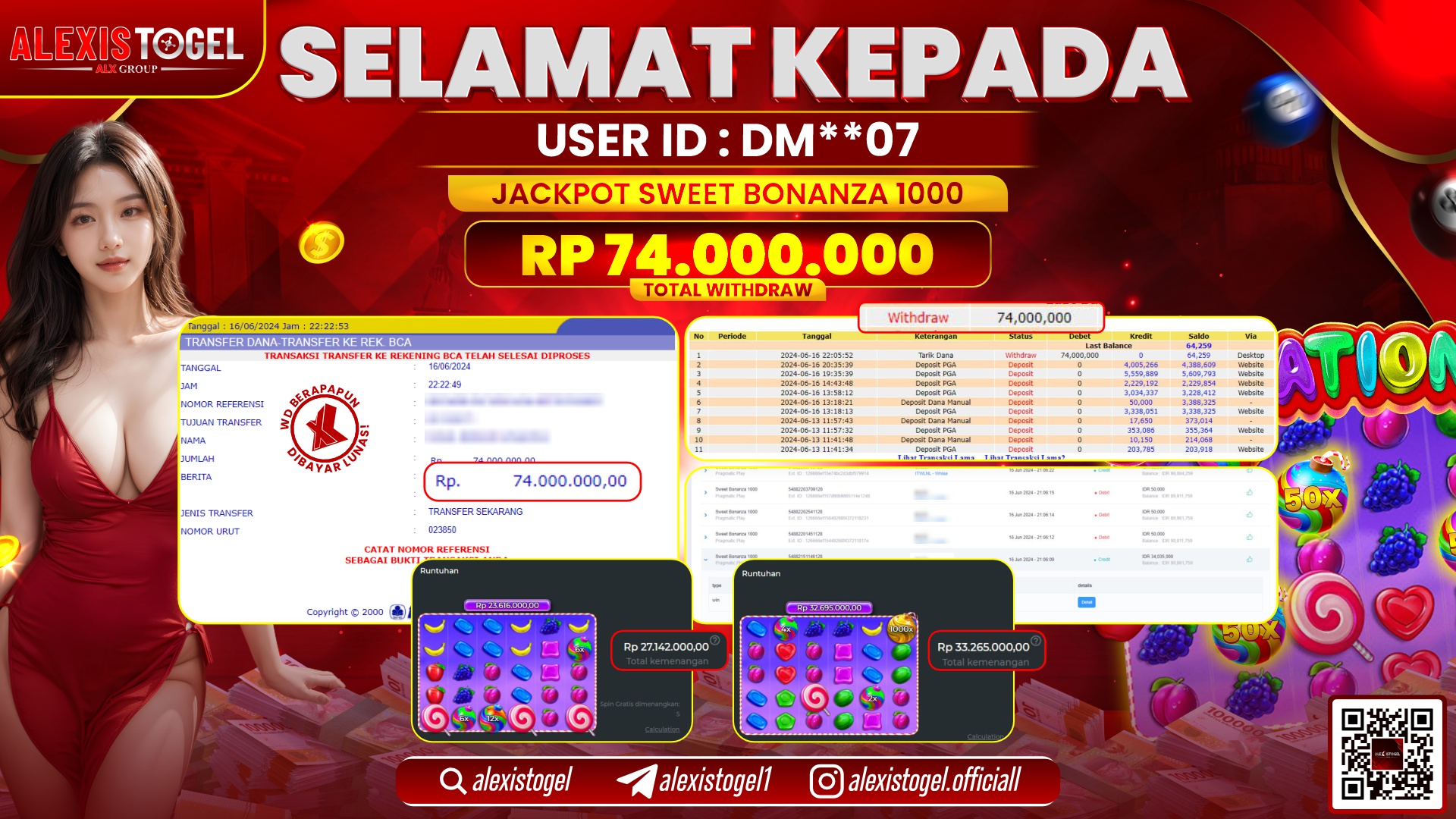 ALEXISTOGEL JACKPOT SLOT GAMES RP. 74.000.000 LUNAS