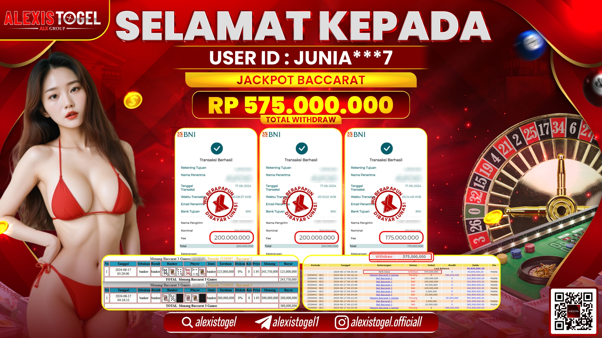 ALEXISTOGEL JACKPOT CASINO BACCARAT RP. 575.000.000 LUNAS