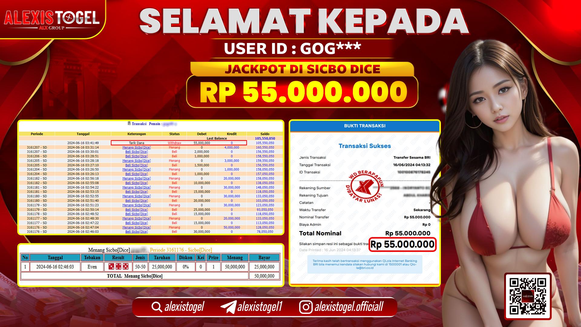 ALEXISTOGEL JACKPOT SICBO DICE RP. 55.000.000 LUNAS