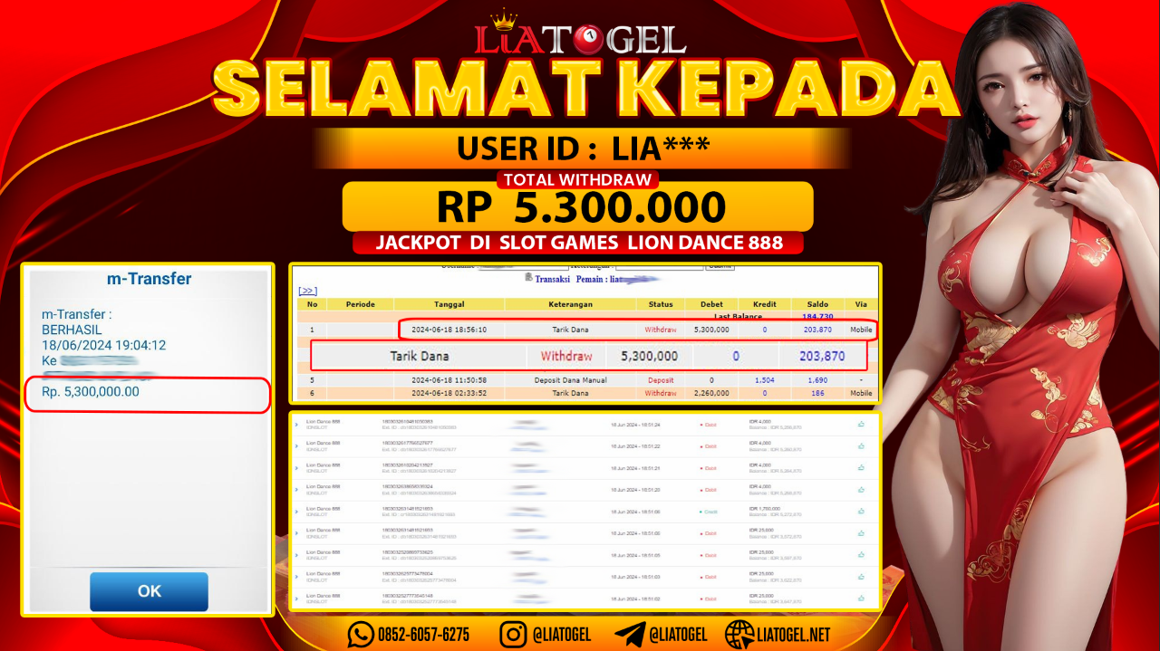 LIATOGEL - JACKPOT SLOT GAMES LION DANCE 888 RP 5.300.000,- LUNAS