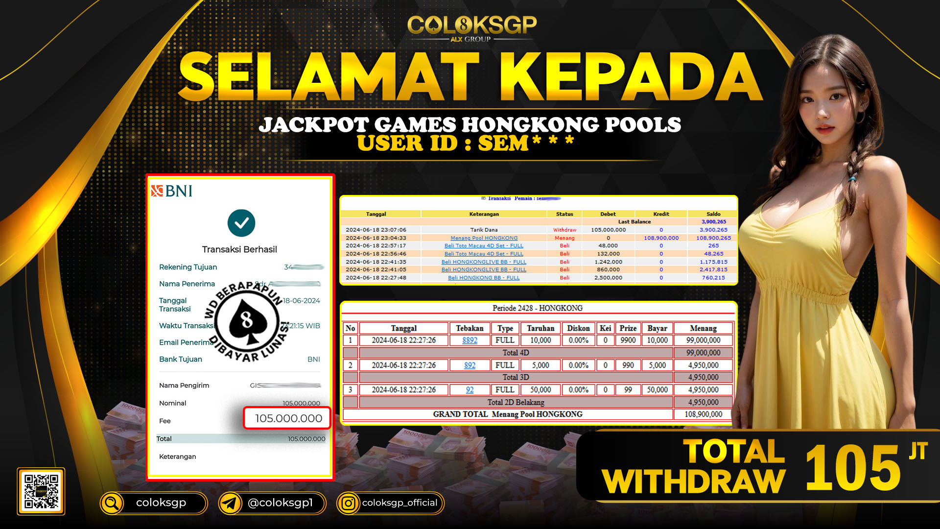 COLOKSGP JACKPOT HONGKONG POOLS RP 105.000.000 LUNAS