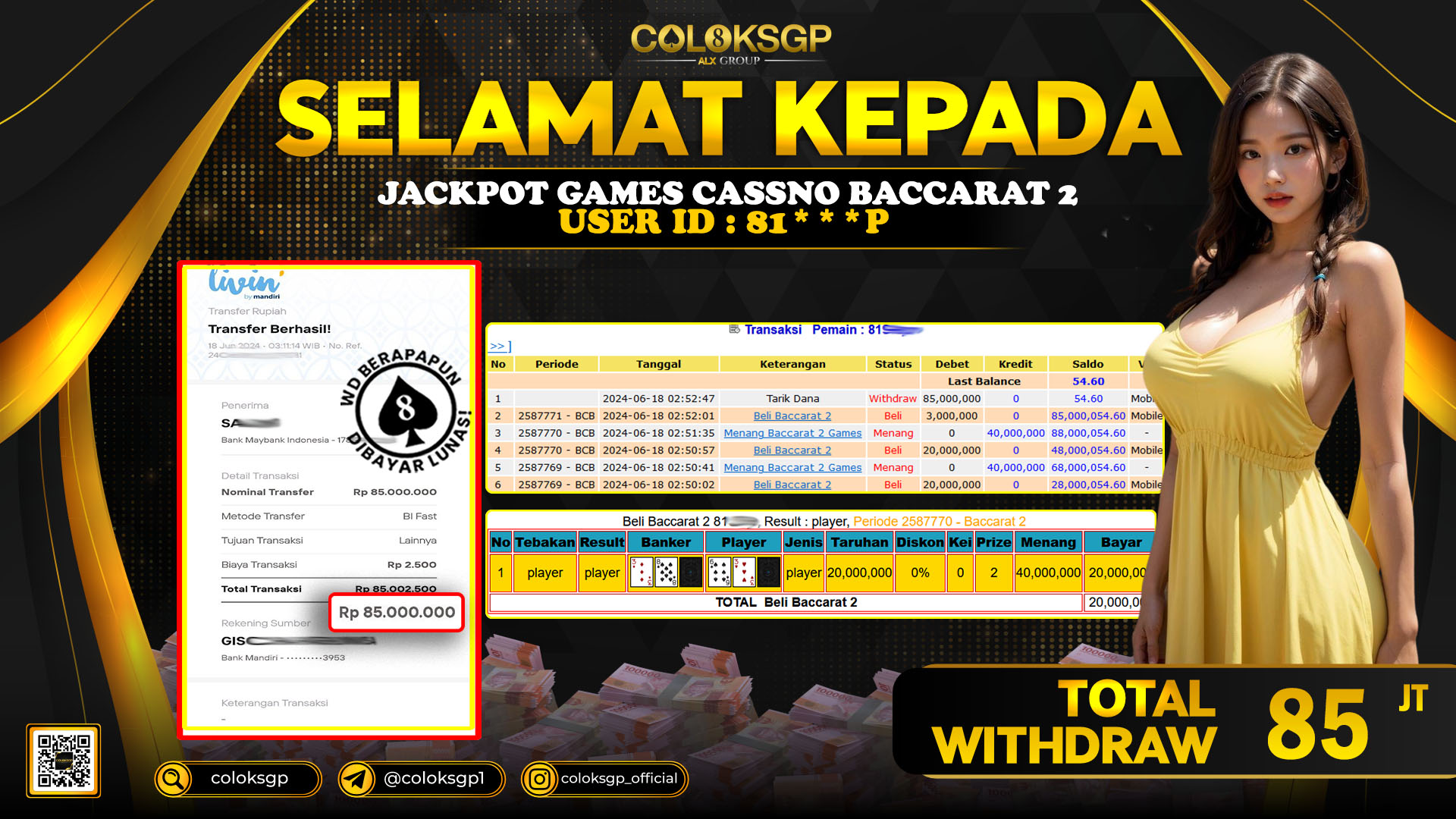 COLOKSGP JACKPOT BACCARAT 2 RP 85.000.000 LUNAS