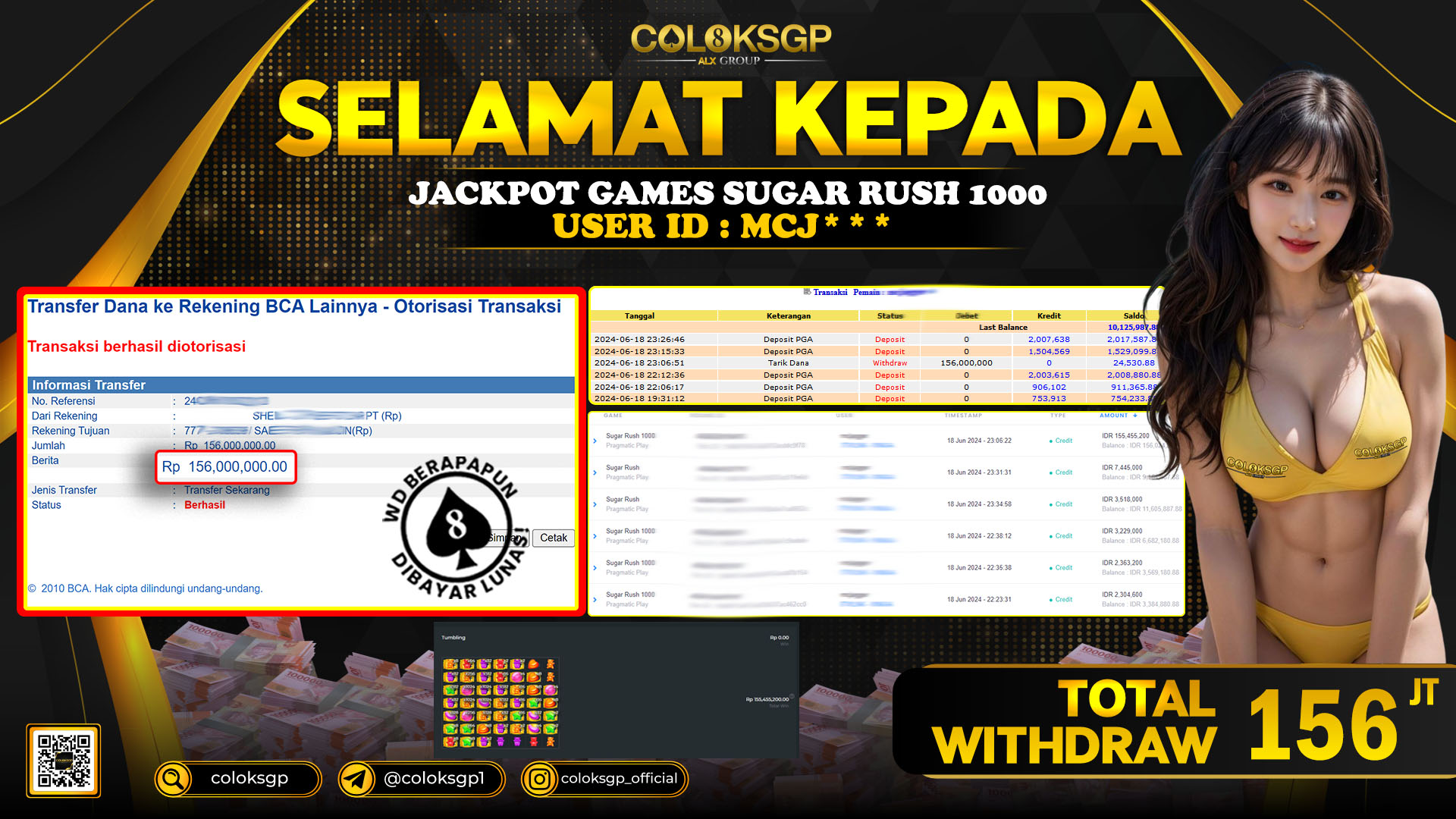 COLOKSGP JACKPOT SLOT GAMES RP 156.000.000 LUNAS