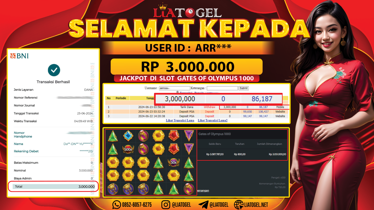 LIATOGEL - JACKPOT SLOT GATES OF OLYMPUS 1000 GAMES RP 3.000.000,- LUNAS