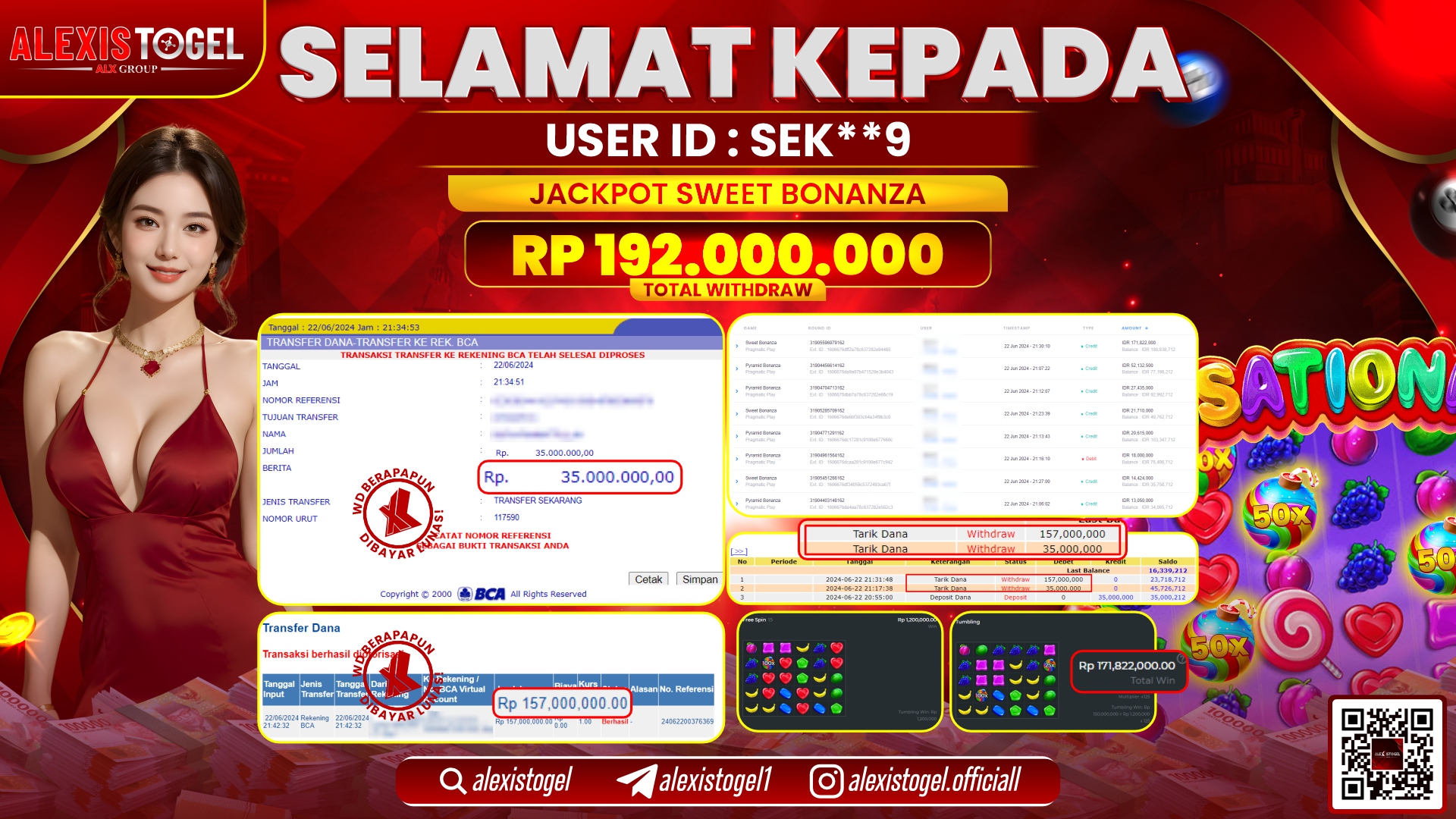 ALEXISTOGEL JACKPOT SLOT GAMES RP. 192.000.000 LUNAS