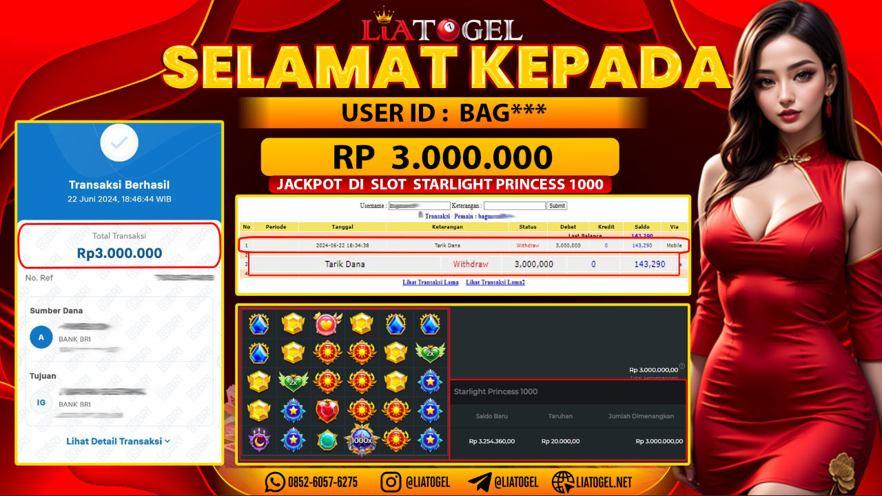 LIATOGEL - JACKPOT SLOT STARLIGHT PRINCESS 1000 GAMES RP 3.000.000,- LUNAS