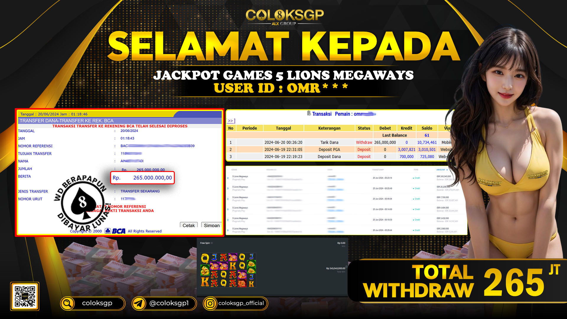 COLOKSGP JACKPOT SLOT GAMES RP 265.000.000 LUNAS