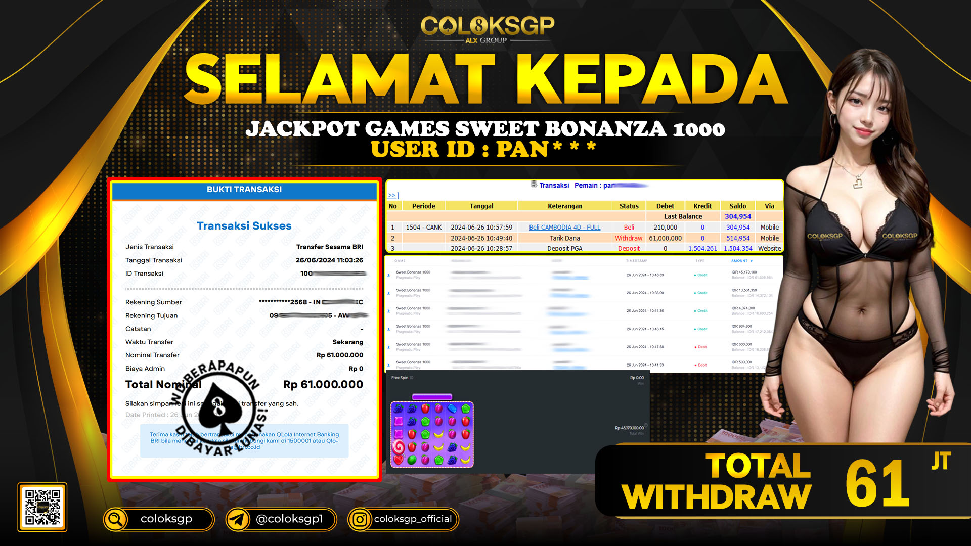 COLOKSGP JACKPOT SLOT GAMES RP 61.000.000 LUNAS