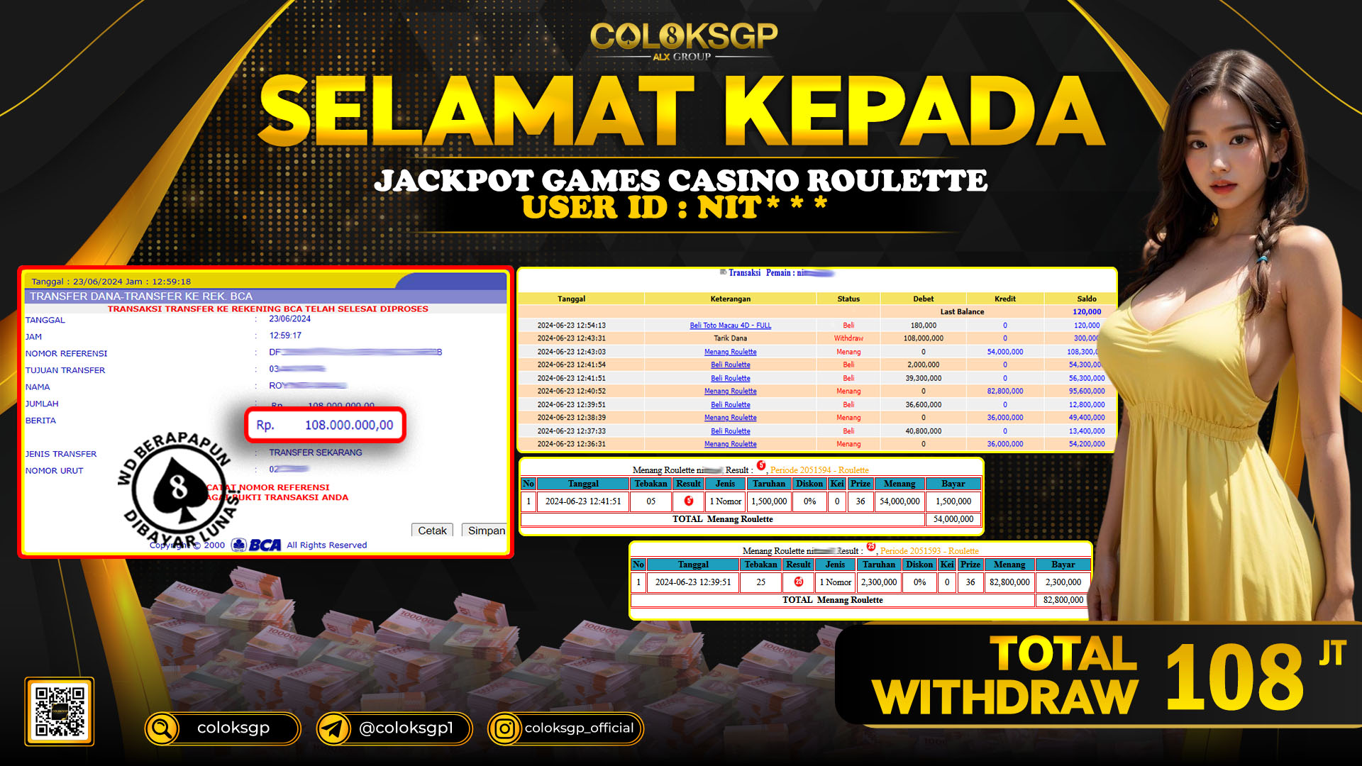 COLOKSGP JACKPOT ROULETTE RP 108.000.000 LUNAS