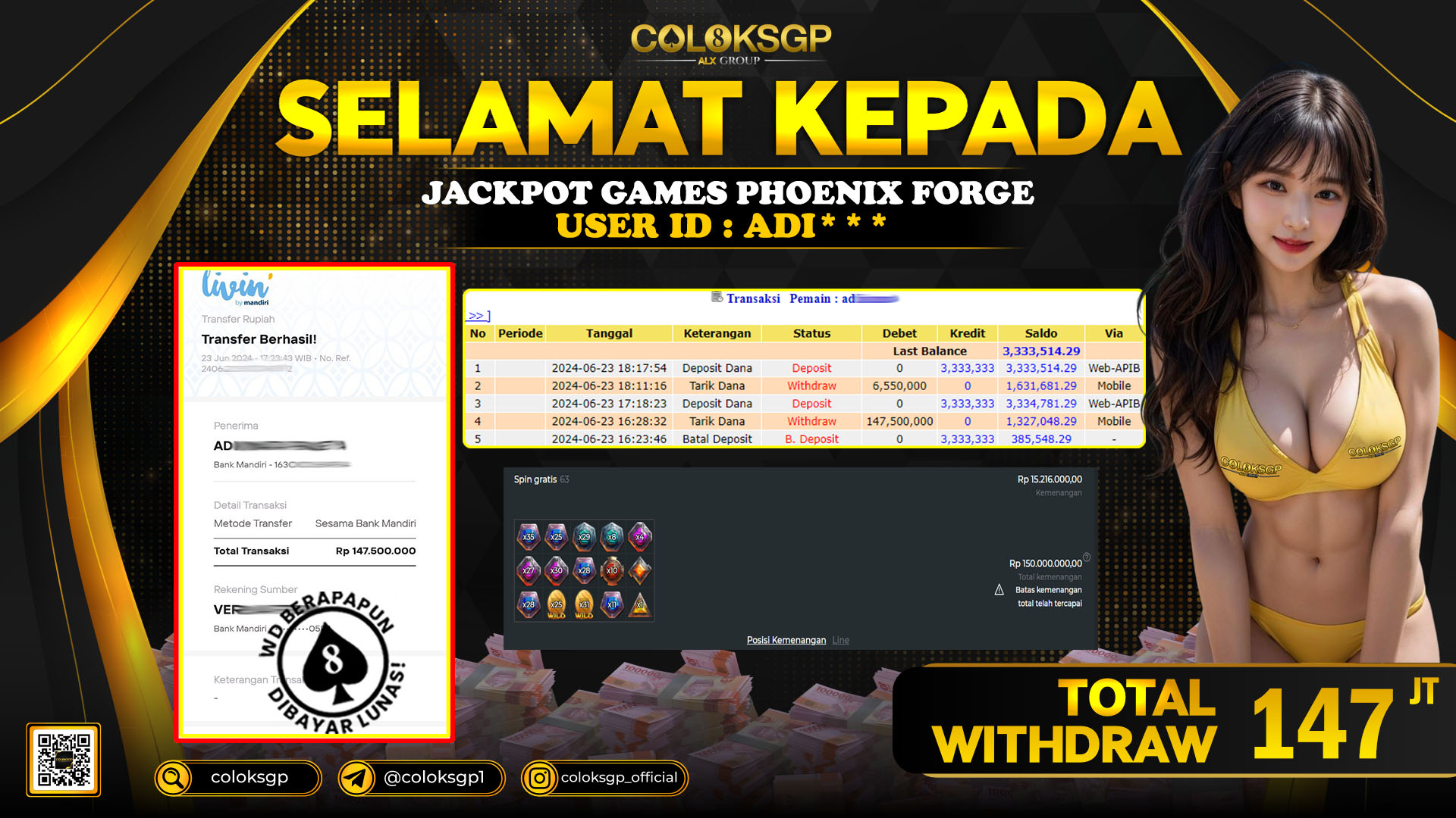 COLOKSGP JACKPOT SLOT GAMES RP 147.000.000 LUNAS