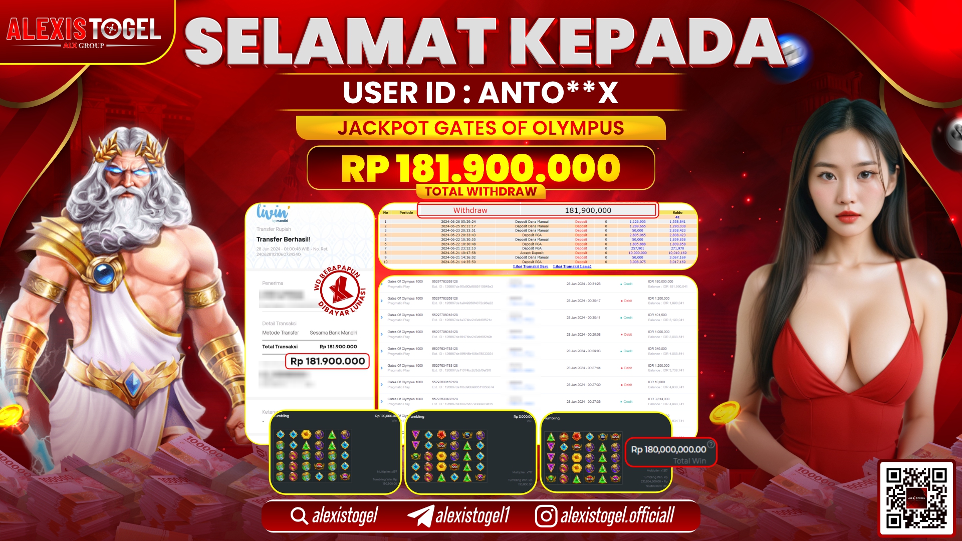 ALEXISTOGEL JACKPOT SLOT GAMES RP. 181.900.000 LUNAS