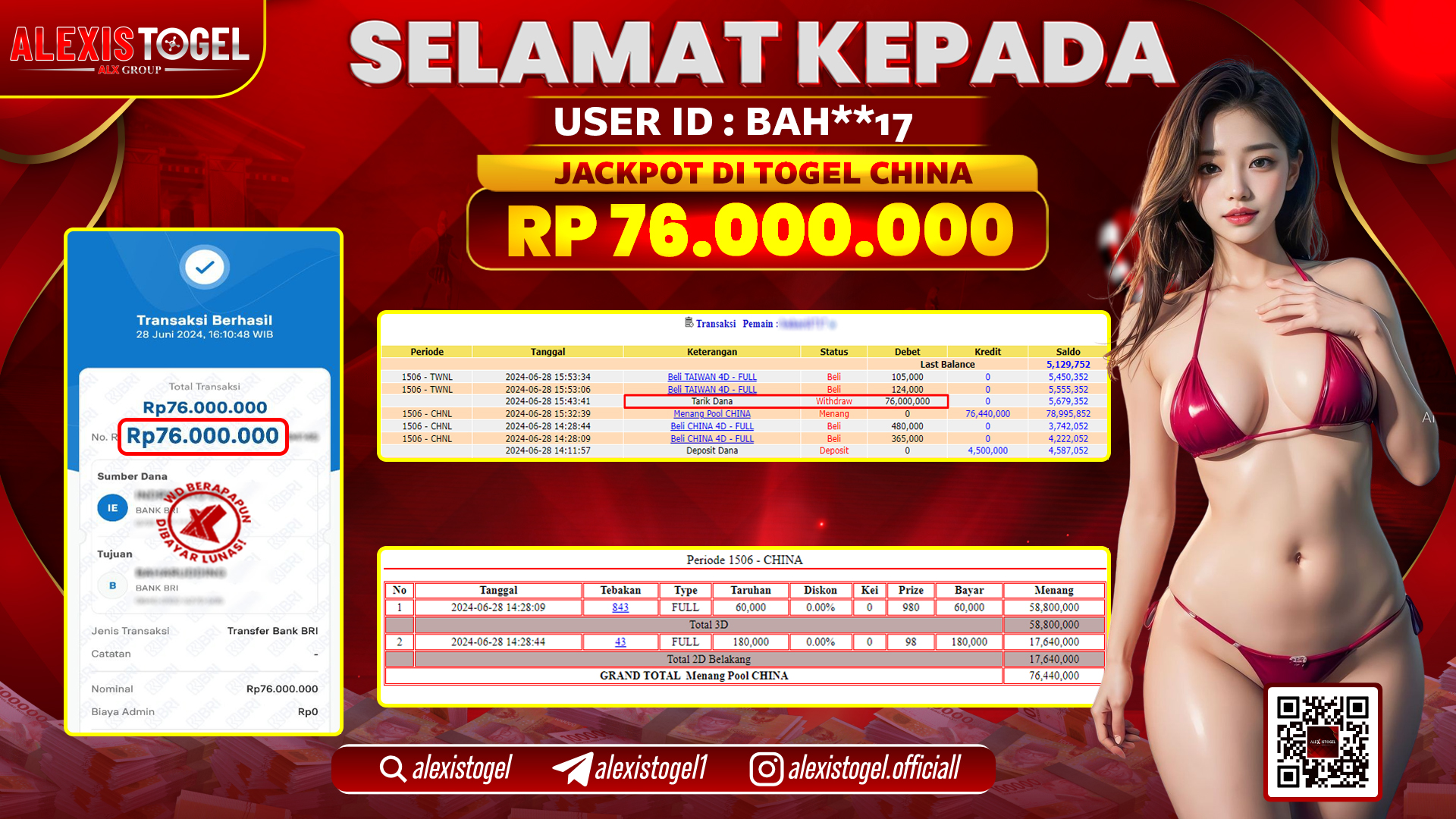 ALEXISTOGEL JACKPOT CHINA POOLS RP. 76.000.000 LUNAS