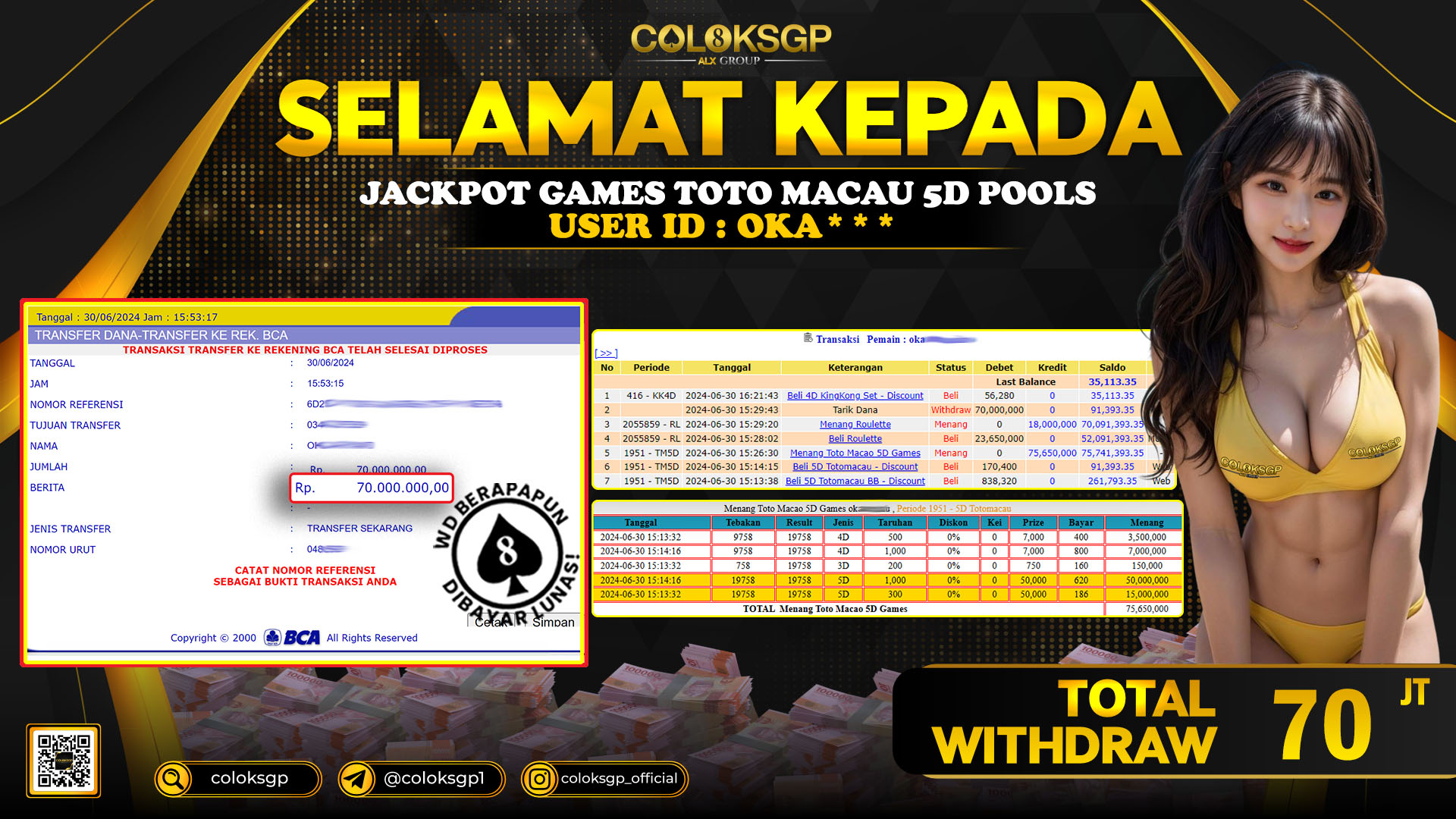 COLOKSGP JACKPOT TOTO MACAU POOLS RP 70.000.000 LUNAS