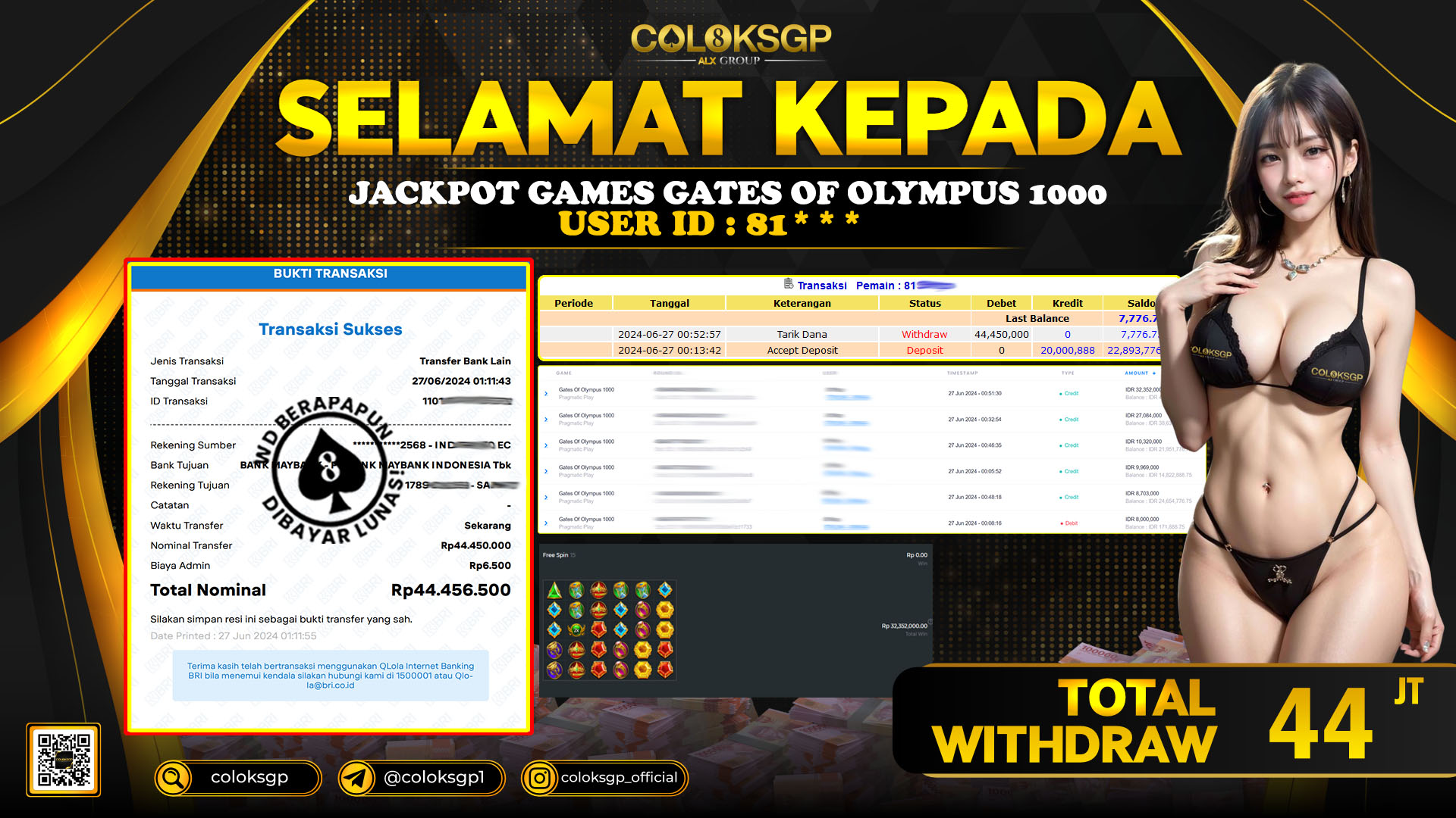 COLOKSGP JACKPOT SLOT GAMES RP 44.000.000 LUNAS