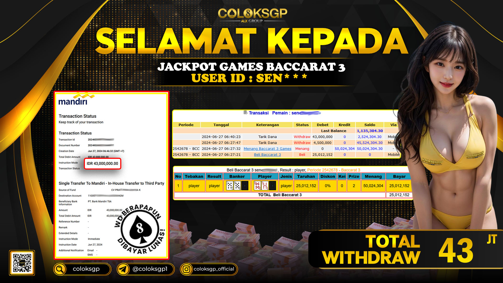 COLOKSGP JACKPOT BACCARAT RP 43.000.000 LUNAS