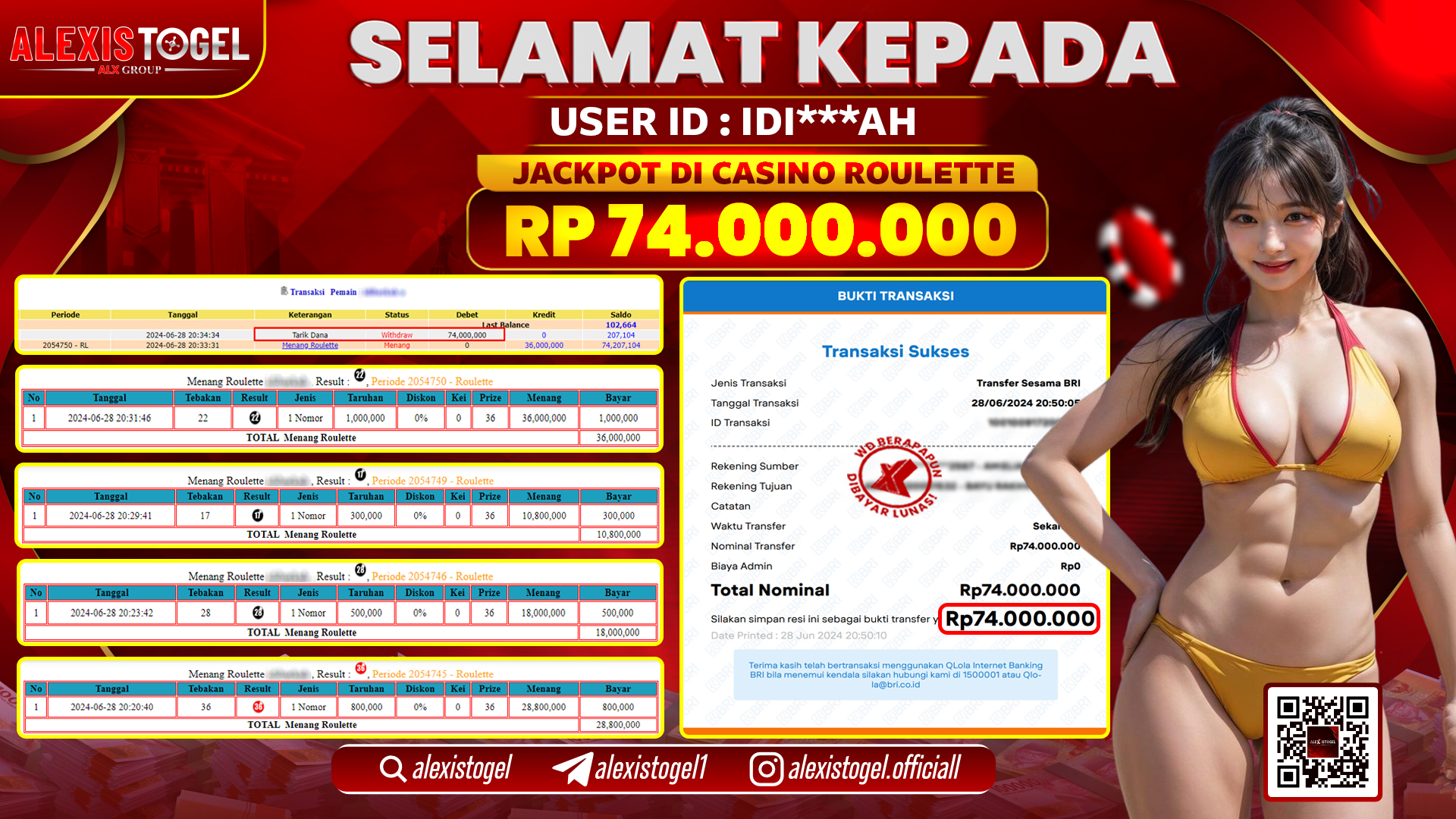 ALEXISTOGEL JACKPOT CASINO RP. 74.000.000 LUNAS
