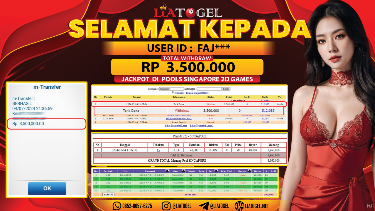 LIATOGEL - JACKPOT POOLS SINGAPORE 2D GAMES RP 3.500.000,- LUNAS