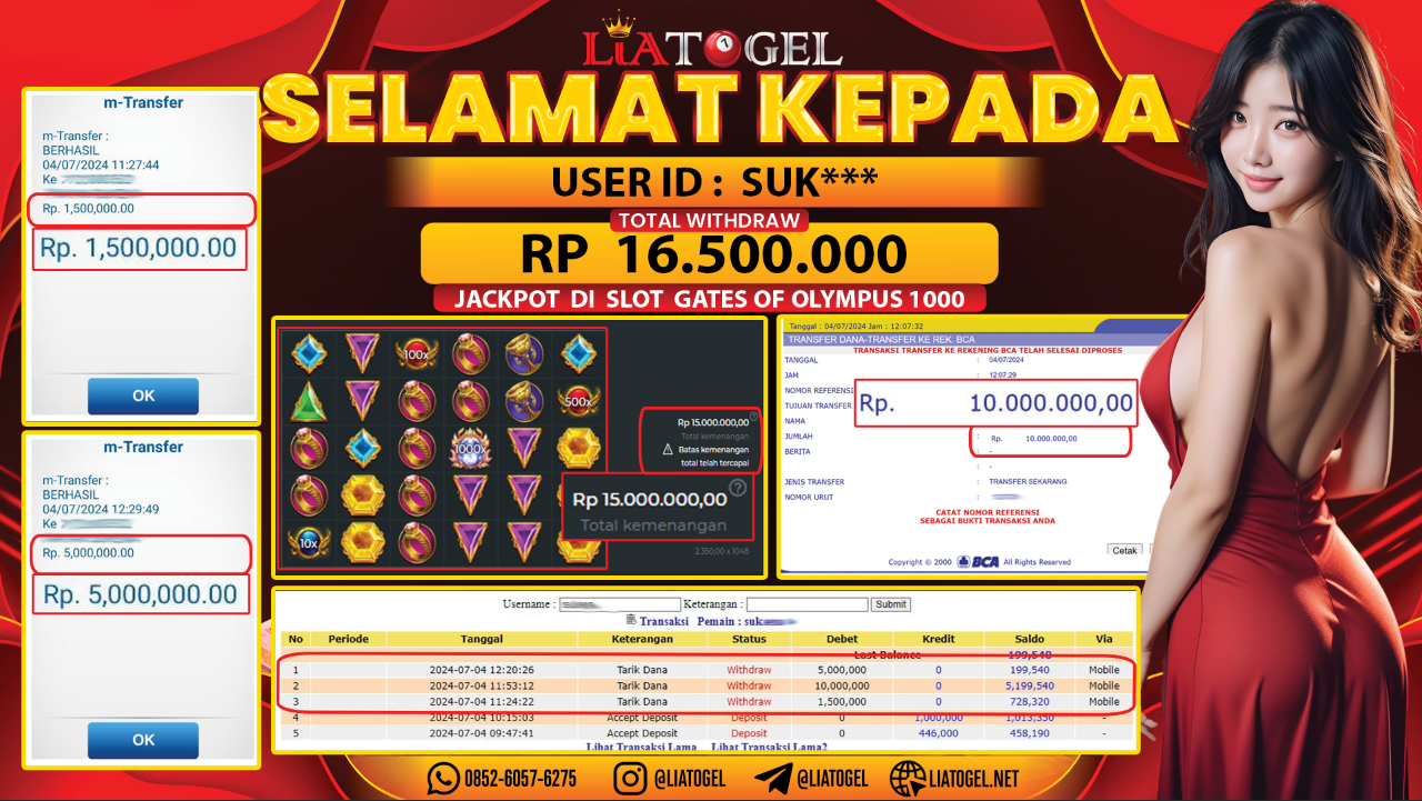 LIATOGEL - JACKPOT SLOT GATES OF OLYMPUS 1000 GAMES RP 16.500.000,- LUNAS