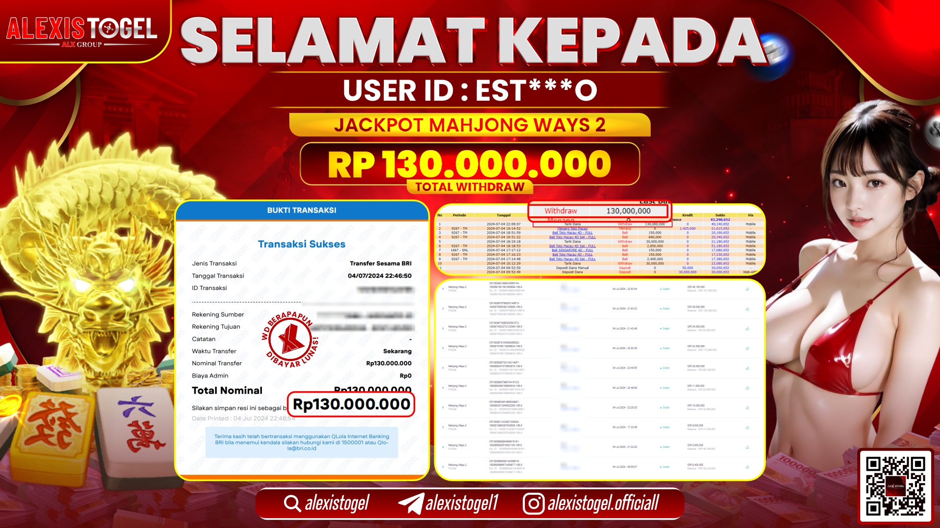 ALEXISTOGEL JACKPOT SLOT GAMES RP. 130.000.000 LUNAS