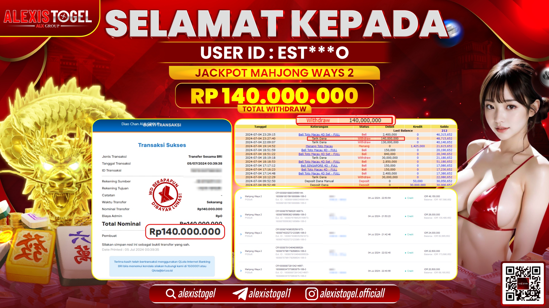 ALEXISTOGEL JACKPOT SLOT GAMES RP. 140.000.000 LUNAS