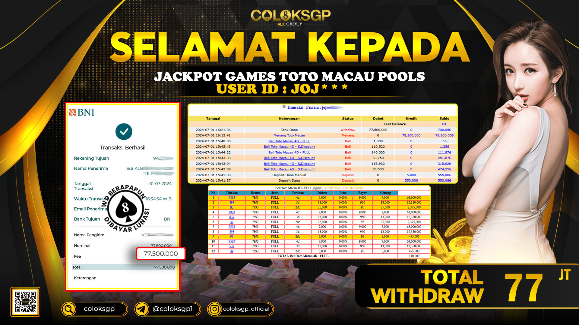 COLOKSGP JACKPOT TOTO MACAU POOLS RP 77.000.000 LUNAS