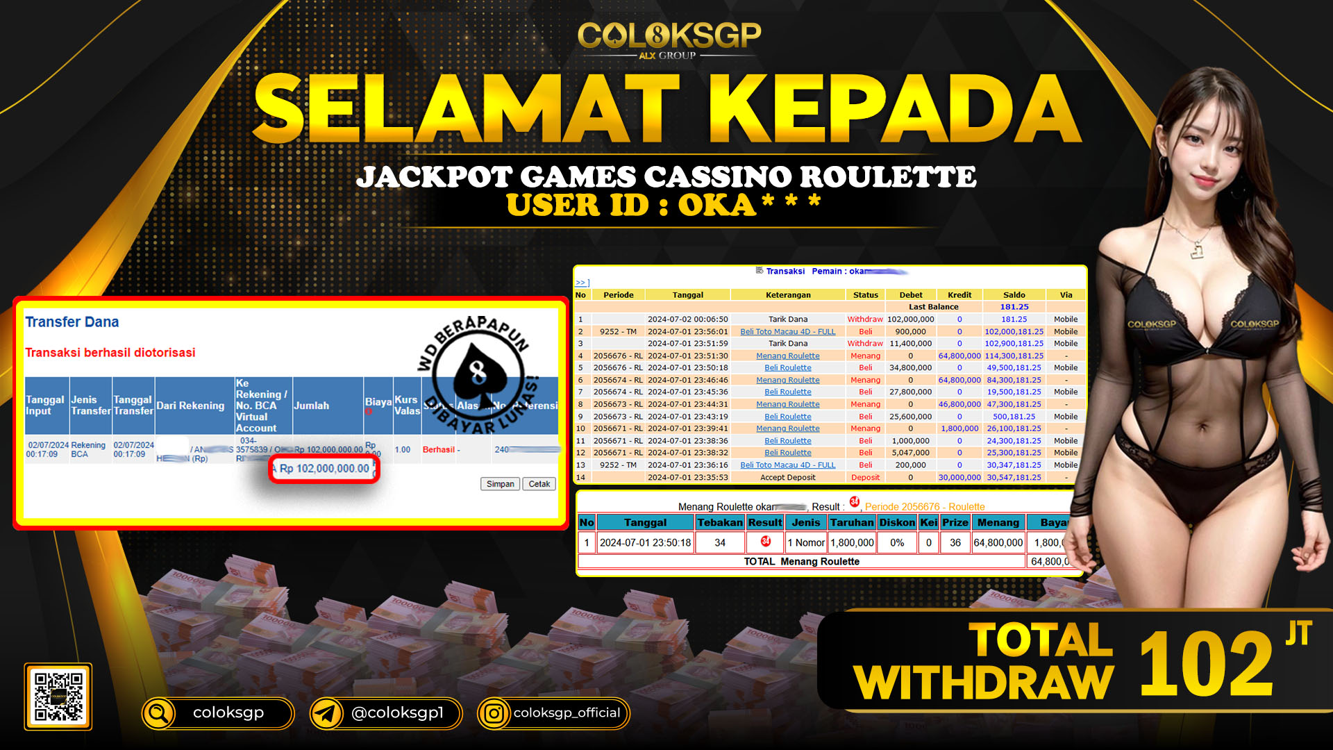 COLOKSGP JACKPOT ROULETTE RP 102.000.000 LUNAS