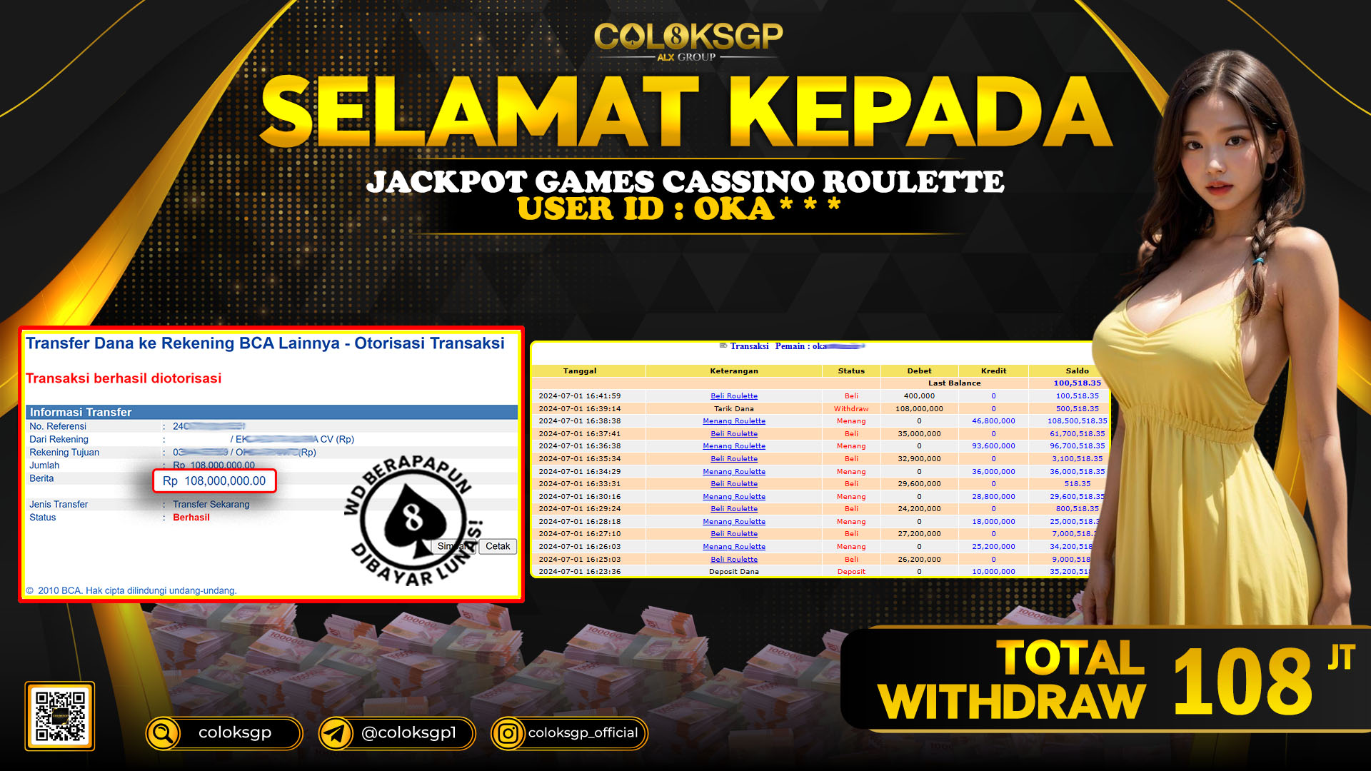 COLOKSGP JACKPOT ROULETTE RP 108.000.000 LUNAS