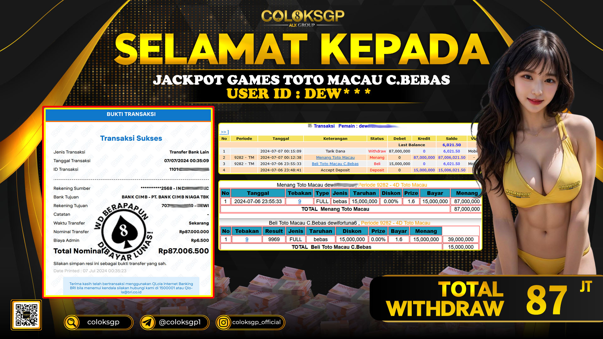 COLOKSGP JACKPOT TOTO MACAU POOLS  RP 87.000.000 LUNAS