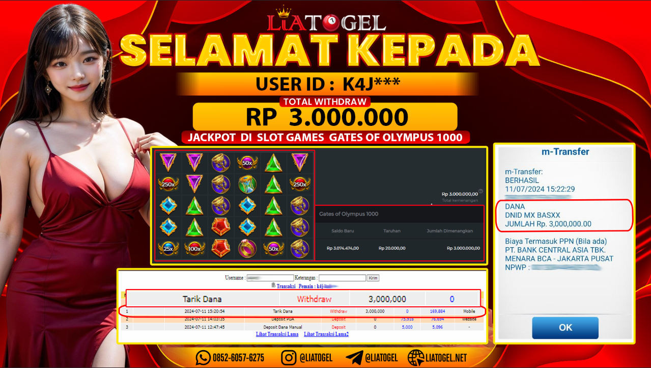 LIATOGEL - JACKPOT SLOT GATES OF OLYMPUS 1000  GAMES RP 3.000.000,- LUNAS