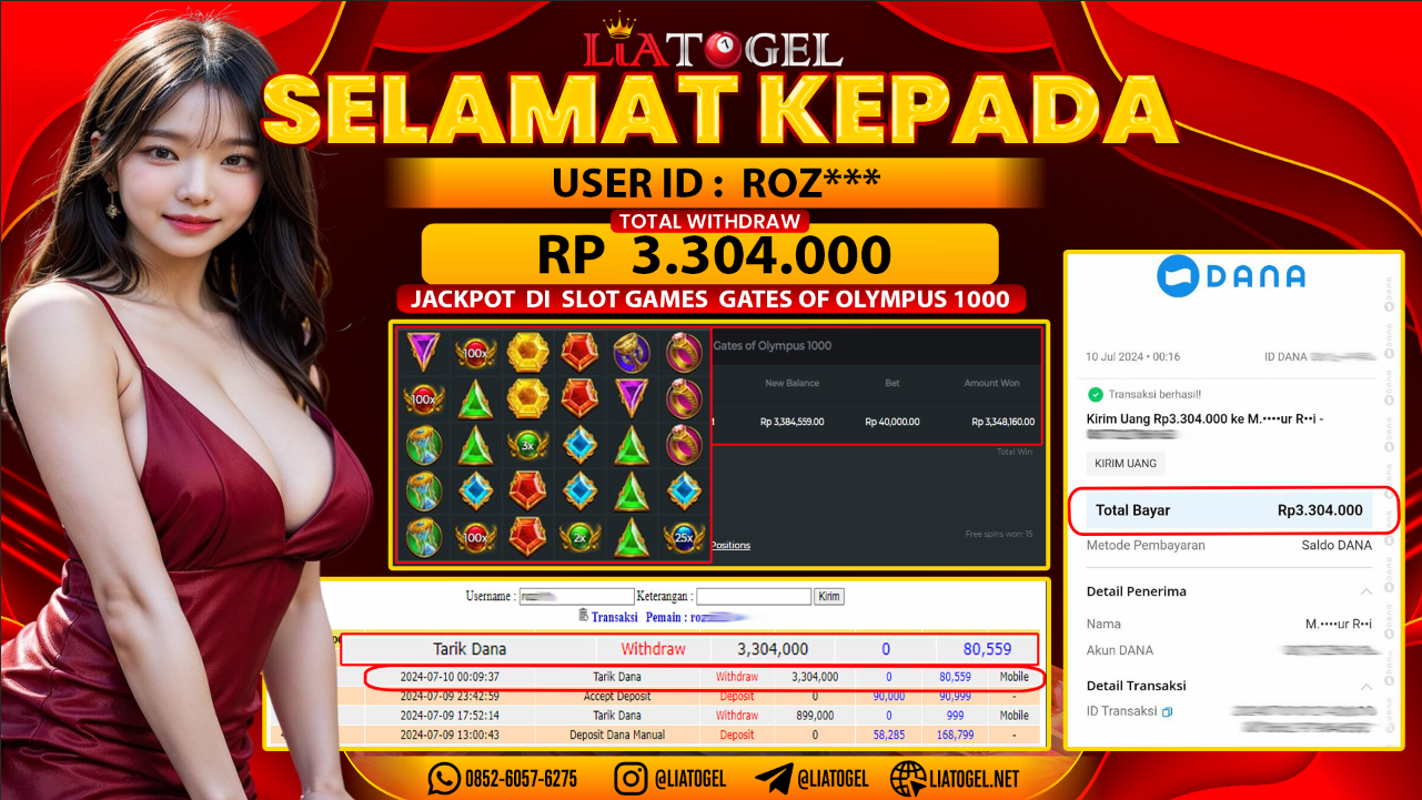 LIATOGEL - JACKPOT SLOT GATES OF OLYMPUS 1000  GAMES RP 3.304.000,- LUNAS