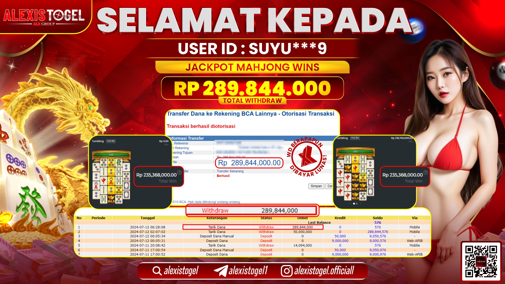 ALEXISTOGEL JACKPOT SLOT GAMES RP. 289.844.000 LUNAS