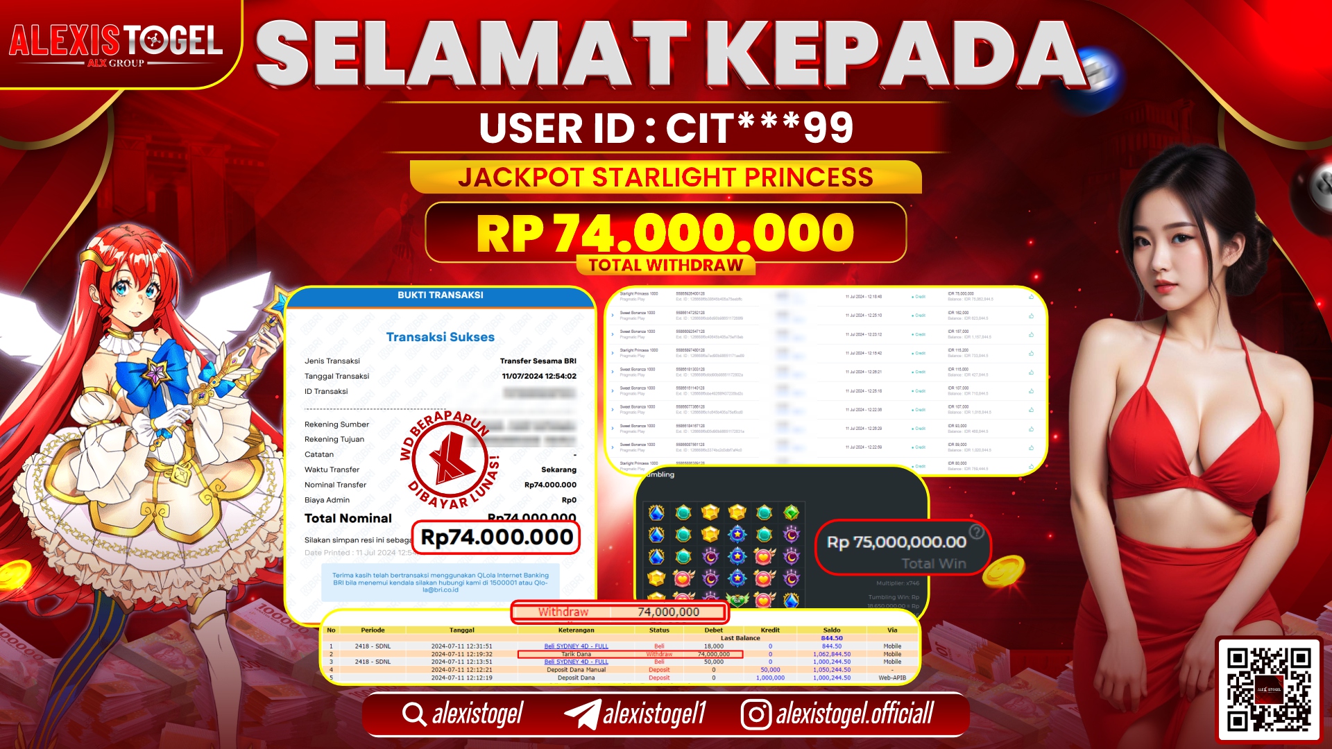 ALEXISTOGEL JACKPOT SLOT GAMES RP. 74.000.000 LUNAS