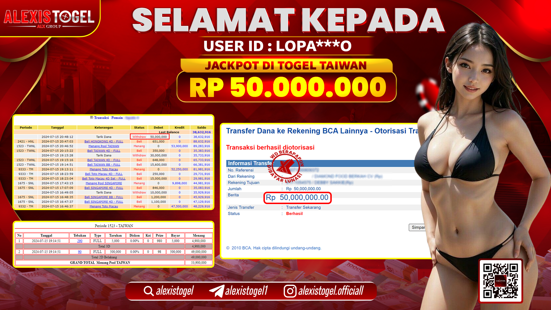 ALEXISTOGEL JACKPOT TAIWAN POOLS RP. 50.000.000 LUNAS