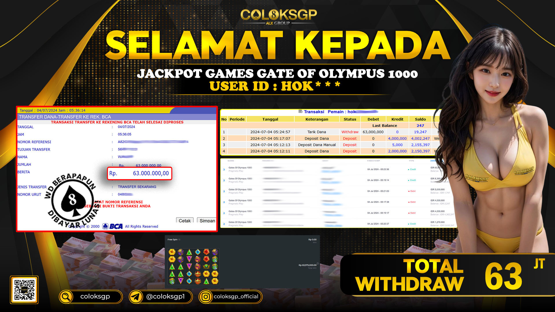 COLOKSGP JACKPOT SLOT GAMES  RP 63.000.000 LUNAS