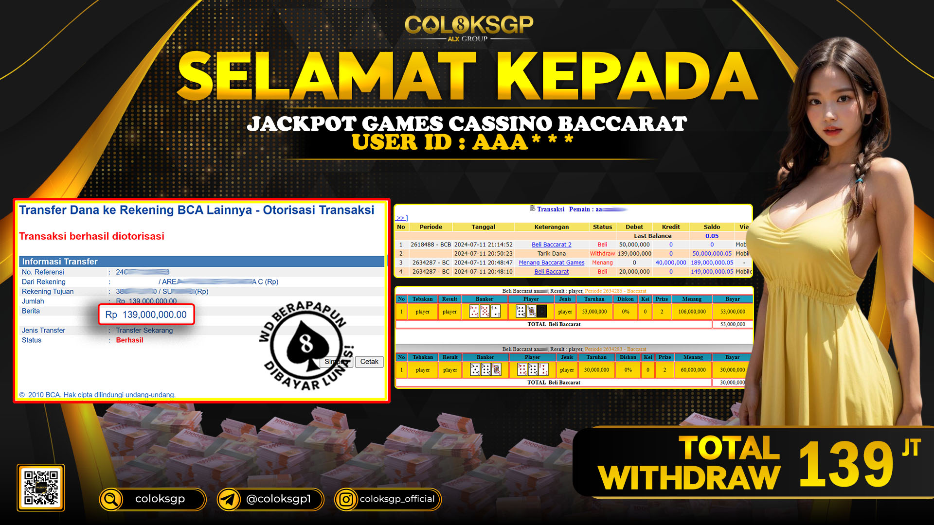 COLOKSGP JACKPOT BACCARAT RP 139.000.000 LUNAS