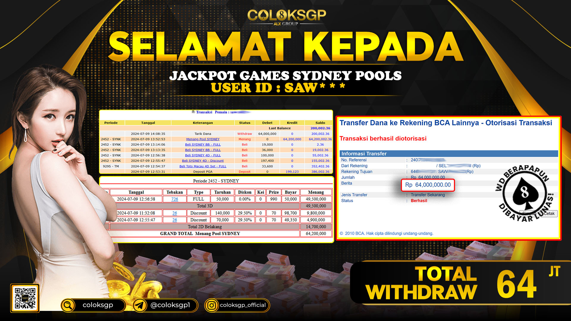 COLOKSGP JACKPOT SYDNEY POOLS  RP 64.000.000 LUNAS