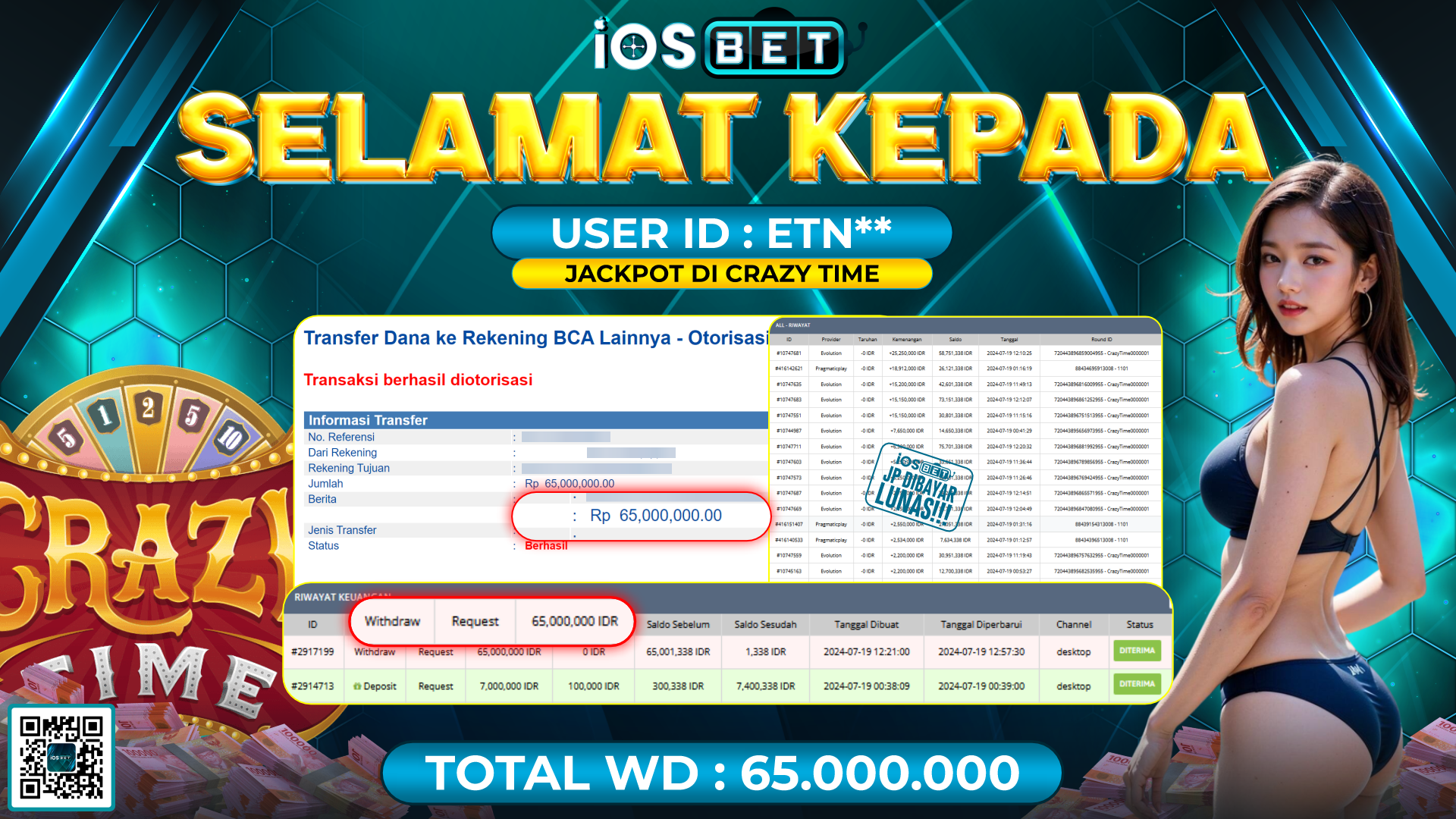 Bukti Pembayaran LUNAS LIVE GAME GACOR Rp.65.000.000,-