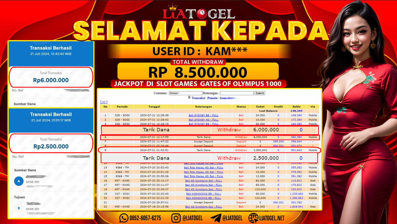 LIATOGEL - JACKPOT SLOT GATES OF OLYMPUS 1000 GAMES RP 8.500.000,- LUNAS
